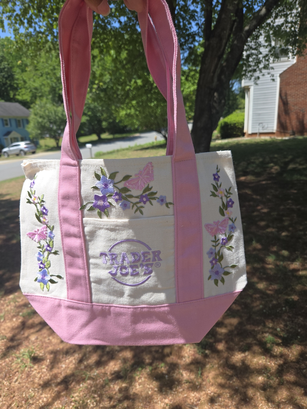 Trader Joe's Pink & Cream Embroidered Floral Canvas Tote